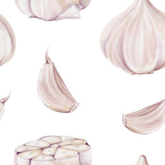 Seamless pattern with garlic. Whole vegetable and sliced. Garlic cloves. Watercolor illustration without background. Delicate pastel style. Vintage. Hand drawing. Decor for fabric and textile.