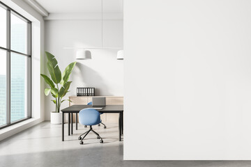 Modern office interior with minimalist design, blue chairs, large windows and green plant beside a...
