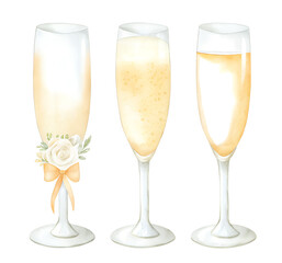 Watercolor illustration of three champagne flutes on transparent background.