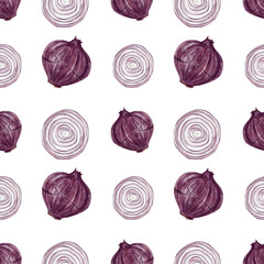Seamless pattern with red onion. Sliced ​​and whole vegetables. Autumn harvest. Kitchen decor. Watercolor illustration without background. Hand drawing.
