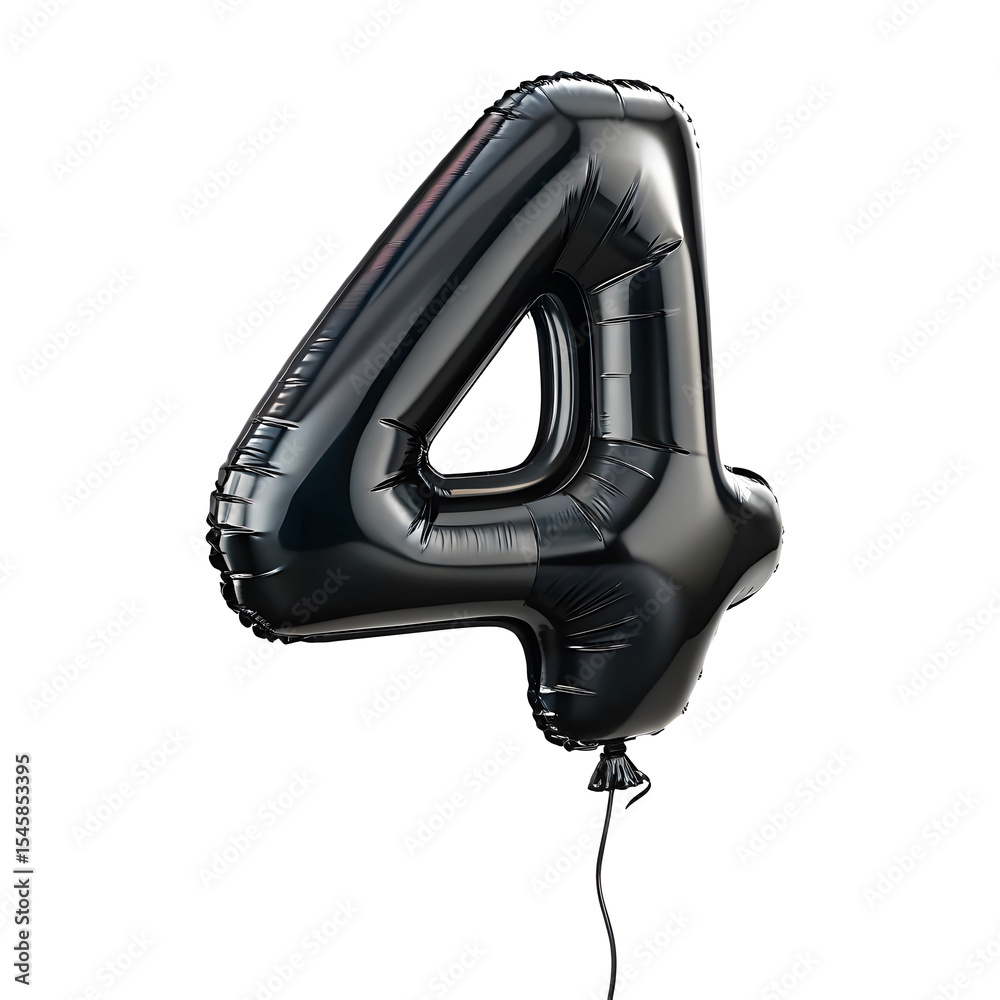 Fototapete a balloon shaped like the number 4,matte black metallic finish with realistic reflections and smooth