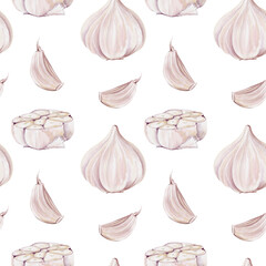 Seamless pattern with garlic. Whole vegetable and sliced. Garlic cloves. Watercolor illustration without background. Delicate pastel style. Vintage. Hand drawing. Decor for fabric and textile.
