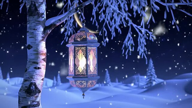 Festive Lantern and Snowfall in Winter Night Landscape with Crescent Moon Holiday Celebration