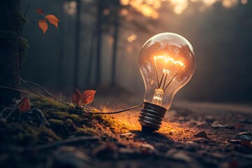 Glowing lightbulb rests on forest ground at sunset, illuminated by warm golden light, surrounded by autumn leaves and moss, creating a serene and inspirational scene of nature's beauty.