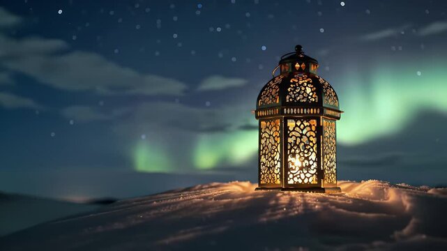 Glowing Ornamental Lantern on Snow Under Aurora Borealis at Night