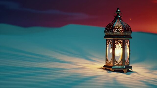 Golden Lantern on Sandy Dunes at Twilight in Middle East Culture