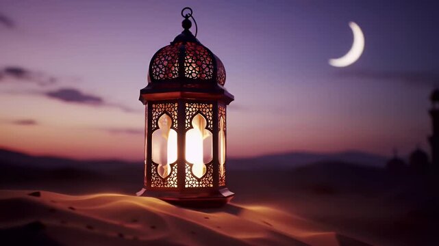 Golden Lantern on Desert Dunes at Twilight with Crescent Moon and Distant Mosque Silhouette Perfect for Ramadan and Middle Eastern Themes