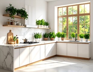 Modern Bright Kitchen Interior with Marble Countertops and Sunlit Herbs