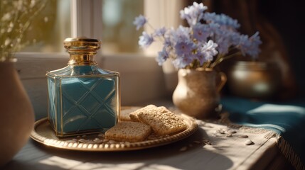 Sunlit Still Life Featuring a Blue Elixir in a Golden Trimmed Bottle with Seeded Cookies and Delicate Blue Flowers by a Window Creating a Calm Scene