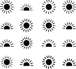 Sun icon set, sunshine and solar glow sunrise or sunset. Decorative circle full and half sun and sunlight. Hot solar energy for tan. Vector sun light sign collection isolated on transparent background