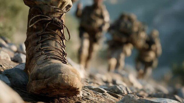 Close-up of Military Boot on Rocky Terrain with Soldiers in Background, Depicting Teamwork, Strength, and Determination During a Mission.