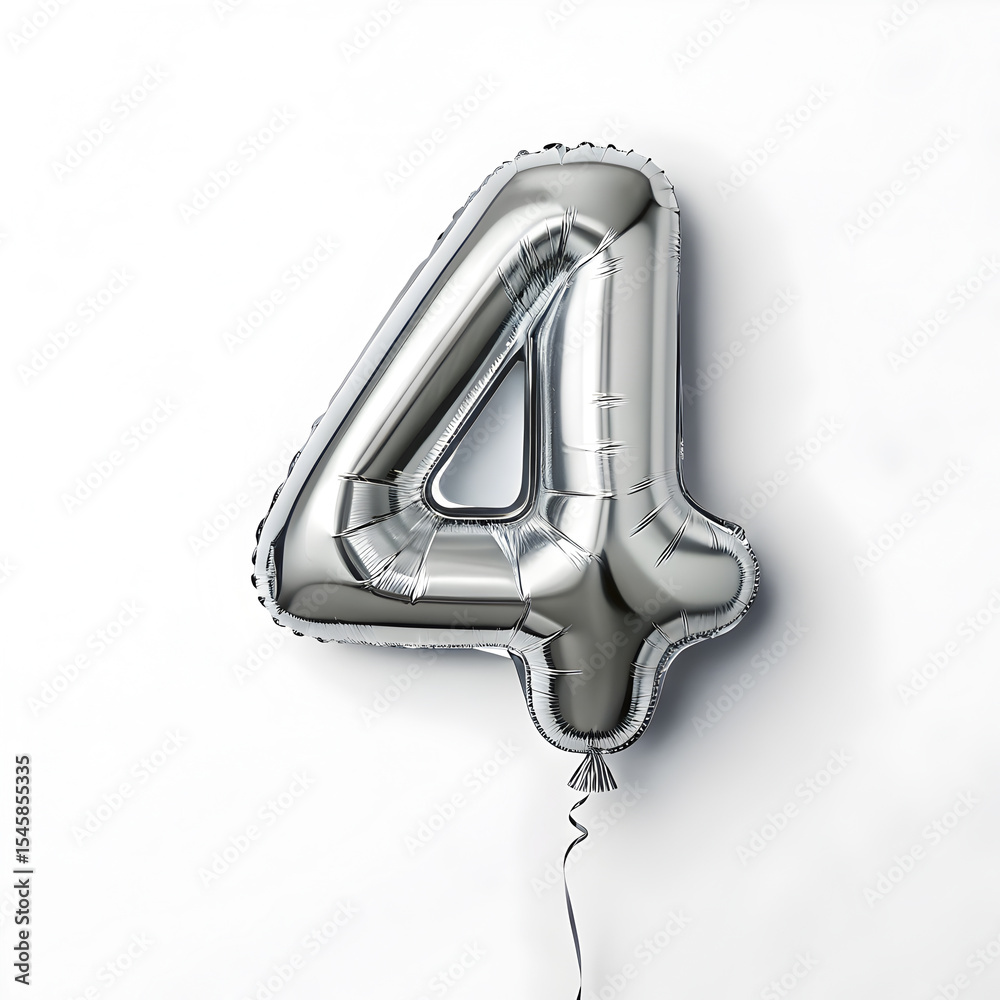 Fototapete a balloon shaped like the number 4 ,silver metallic finish with realistic reflections and smooth tex