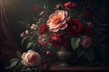 Dark moody still life featuring a lush bouquet of pink and red peonies, roses, and berries arranged in an ornate dark vase on a wooden table against a dark background.