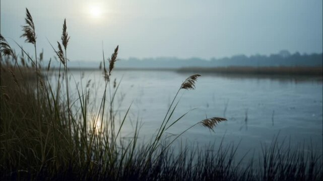 Tall reeds on the shore of a calm lake during a moody and misty morning with sun reflection, seamless looping 4k time-lapse animation video background. Tranquil nature concept