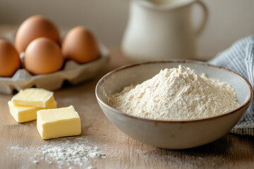 A baking ingredients: flour in a bowl, butter, and eggs on a woodern surface for bakery 