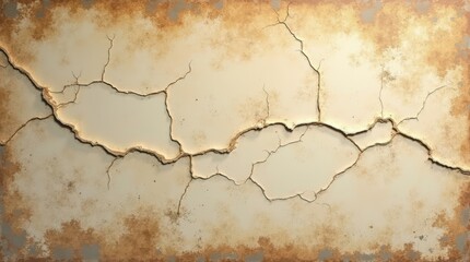 Naklejka premium Aged cracked beige surface texture background with brown stains and irregular cracks