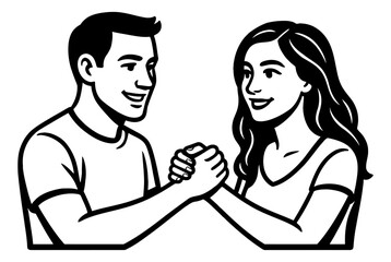 Obraz premium Illustration of a Happy Couple Holding Hands and Smiling in Black and White Line Art Style