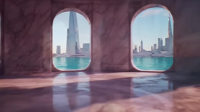 Marble Room with Arched Windows Overlooking Turquoise Sea 3D Animation