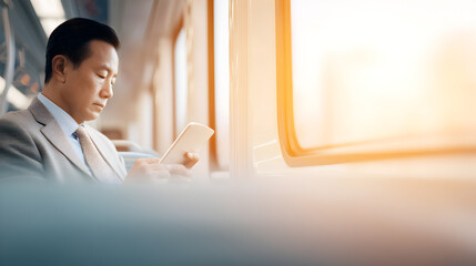 Focused Journey: An Asian businessman intently reads a digital tablet inside a moving train, bathed in the warm glow of sunlight.