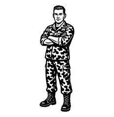 Obraz premium Confident Soldier Standing with Arms Crossed in Camouflage Uniform Illustration Vector