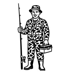 Fototapeta premium Fisherman in Camouflage with Fishing Pole and Tackle Box Black and White Illustration