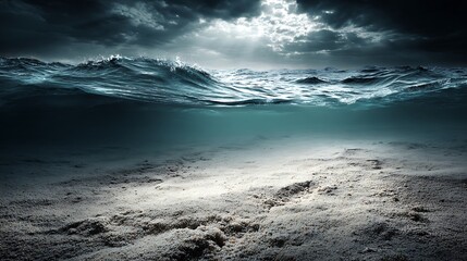 Fototapeta premium Dramatic ocean scene stormy waves underwater sandy seabed