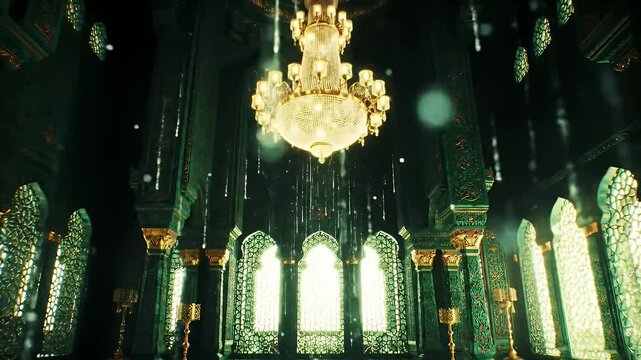 Opulent Grand Hall with Columns and Chandelier Bathed in Ethereal Light Creating a Mystical Arabian Ambiance