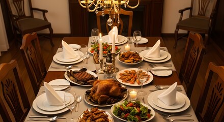 Fototapeta premium A beautifully set dining table with a festive feast, ready for guests.
