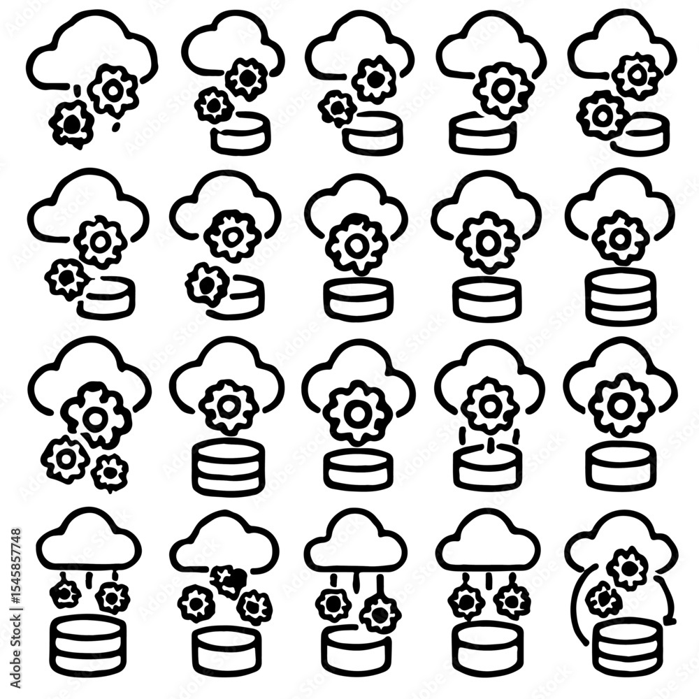 Poster cloud computing and database icons arranged in an array. the image shows many cloud icons with gears