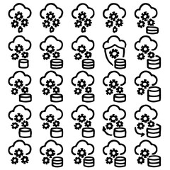 Cloud computing and data management with icons, symbolising technological infrastructure and security. The design incorporates icons of clouds, gears, databases.