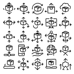 A collection of stylized icons depicting the concept of packages and shipping