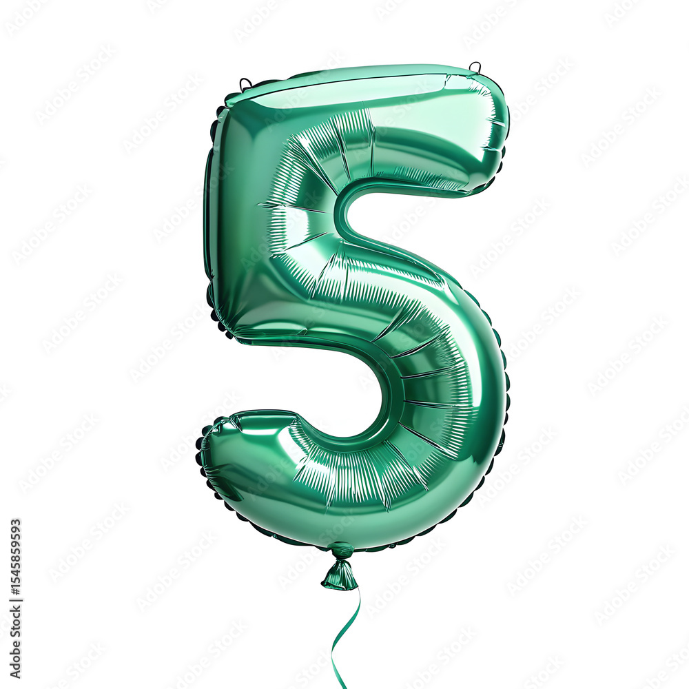 Fototapete a balloon shaped like the number 5,emerald green metallic finish with realistic reflections and smoo