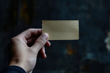 A hand holding a piece of paper with a gold border. A small paper ticket flyer invitation coupon in hand.