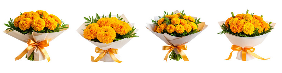 Obraz premium Side-angle shot of marigold bouquet wrapped in colorful pastel paper with ribbon, isolated on transparent background PNG