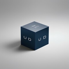 Small black cube with futuristic symbols, minimalist abstract tech 3D illustration