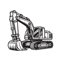 Excavator Machine Icon, Heavy Equipment Excavator, Construction Earthmoving Loader, Black and White Digger Illustration