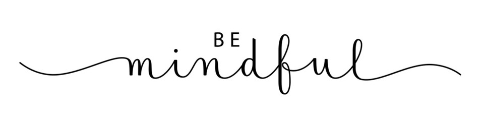BE MINDFUL black vector brush calligraphy banner with swashes on white background