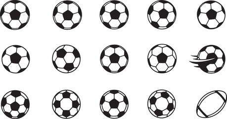 This graphic presents twenty variations of classic black and white soccer ball icons