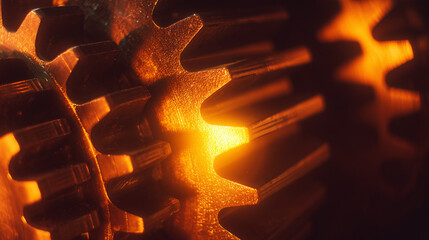 Metallic textures and geometric shapes in warm glow, showcasing industrial precision and dynamic energy.