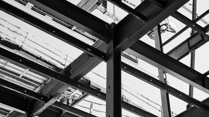Obraz premium Steel frame structure in progress, beams and supports forming a clean composition, showcasing modern industrial design.