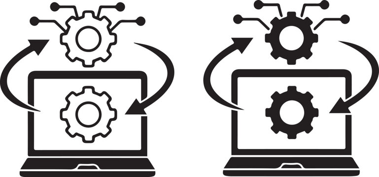 laptop, computer, digital, technology, gears, machinery, mechanical, illustration, black and white, line art, minimalist, vector