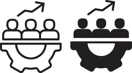 abstract human faces, group of people, red icons, upward arrow, teamwork, leadership, success, minimal design, vector illustration