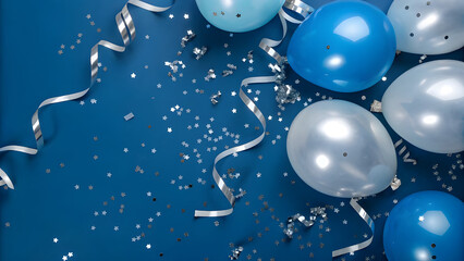 Blue and silver balloons with confetti on blue background