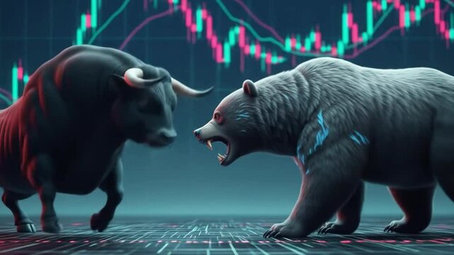 A bull and a bear face off against each other in front of a stock market chart, symbolizing market volatility