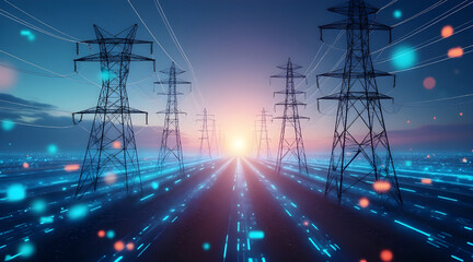 High voltage power lines at sunset futuristic energy concept