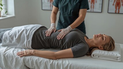 Woman Receiving Abdominal Massage Therapy at Wellness Clinic for Health