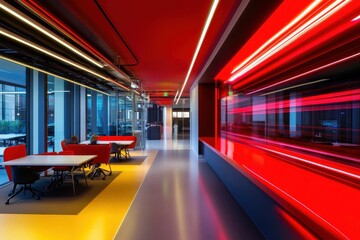 Obraz premium A hallway with a red wall and yellow floor. There are several chairs and tables in the hallway.