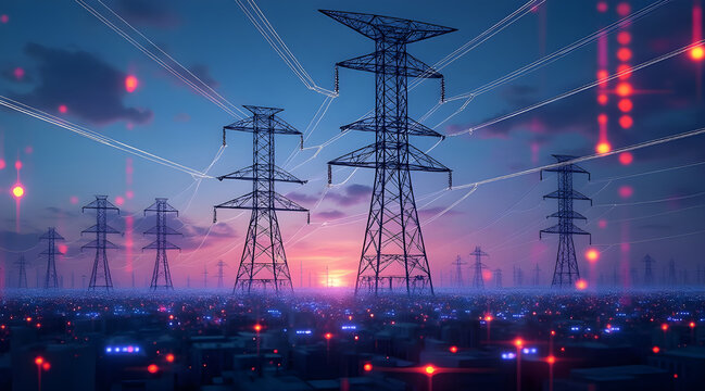 Electric power towers at sunset over cityscape