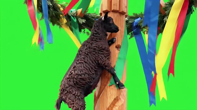 Black Goat Climbs Wooden Maypole Decorated with Colorful Ribbons Isolated by Green Screen Festive Animal Climbing Activity Perfect for Decoration