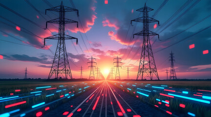 Electric power transmission lines at sunset with digital data flow